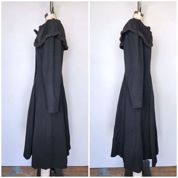 40s 50s Black WOOL Princess Coat w Large Collar Fit and Flare Wasp Waist Coat XS - Picture 4 of 10